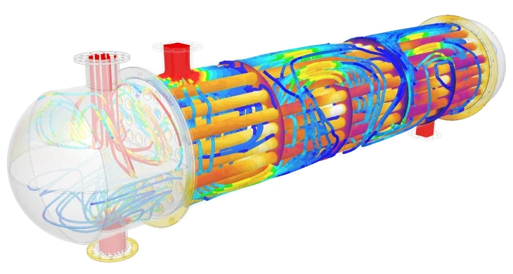 CFD and heat transfer simulation of a heat exchanger vessel showing temperature distribution in SimScale