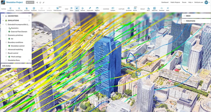 CFD wind analysis of building aerodynamics — streamlines and velocity field around urban geometry in SimScale