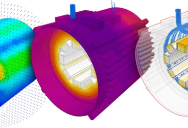 Electric motor simulation software showing multiphysics analysis — electromagnetics, thermal, fluid flow, and structural FEA results in SimScale