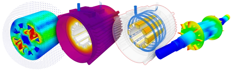 Electric motor simulation software showing multiphysics analysis — electromagnetics, thermal, fluid flow, and structural FEA results in SimScale