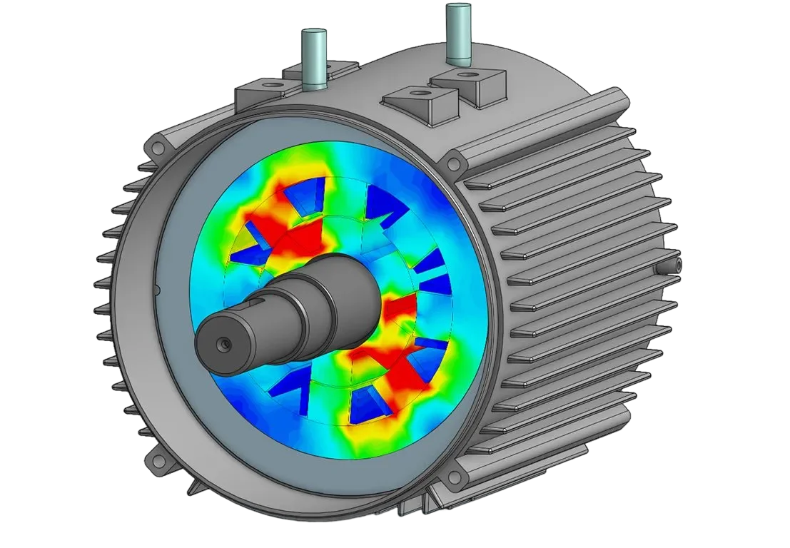 Electromagnetic simulation showing magnetic flux density in an electric motor