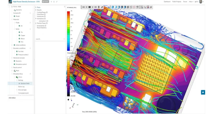 Electronics enclosure thermal simulation showing temperature and airflow distribution in SimScale