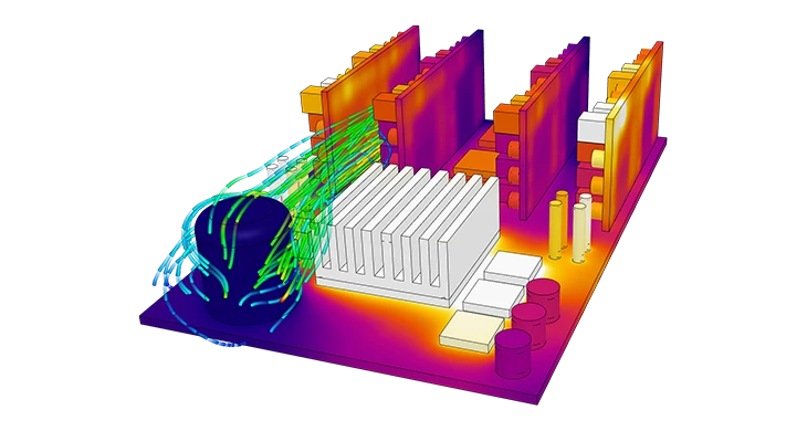 Electronics cooling thermal simulation showing heat distribution on circuit boards and components with color-coded temperature map