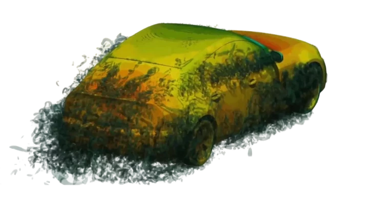 Aerodynamic CFD analysis of a vehicle body showing flow separation and pressure distribution with particle traces