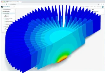Heat sink simulation showing temperature distribution from base to fins using radiation heat transfer analysis in SimScale