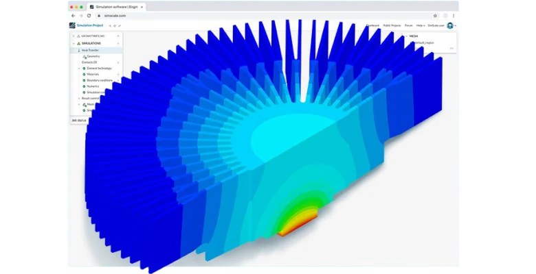 Heat sink simulation showing temperature distribution from base to fins using radiation heat transfer analysis in SimScale