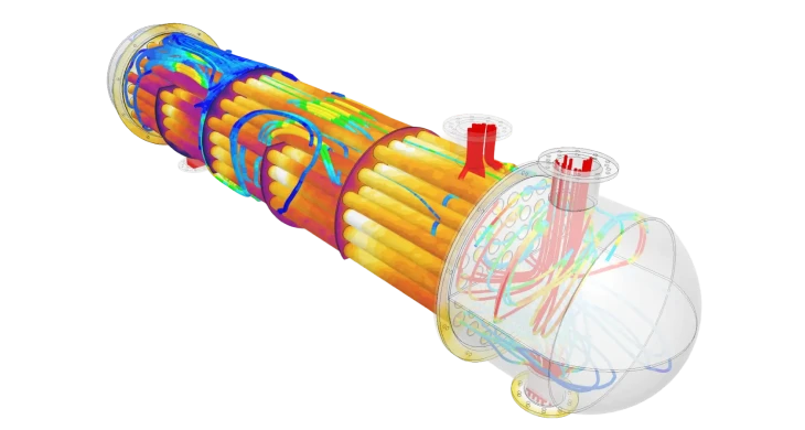 D heat exchanger CFD simulation with transparent housing showing internal flow patterns and thermal performance