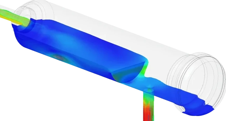 Multiphase flow CFD simulation showing liquid-gas interaction with pressure and velocity gradients in blue and green