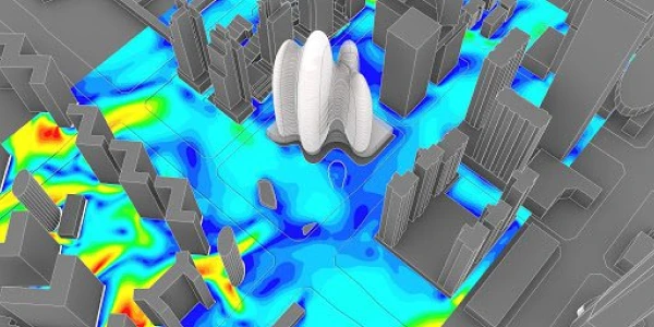 Simulation showing wind speeds at pedestrian level around the OPPO HQ building by Zaha architects