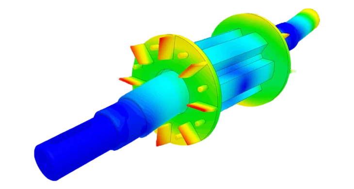 Static stress analysis of an electric motor showing von Mises stress distribution and structural deformation under load