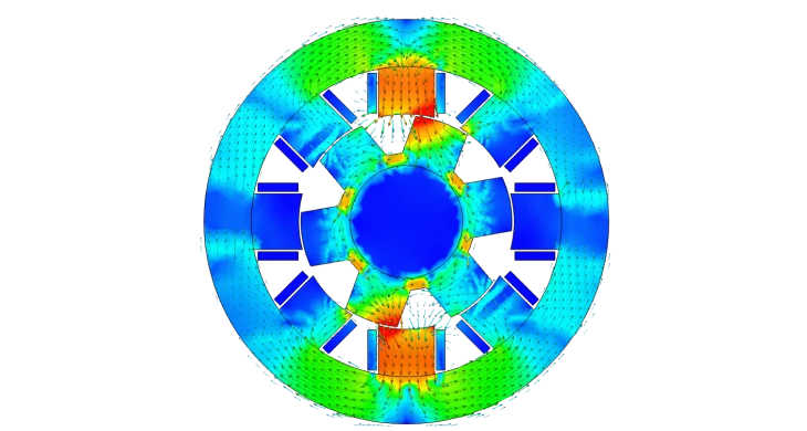 Switched reluctance motor electromagnetic simulation showing magnetic flux density magnitude and field line distribution