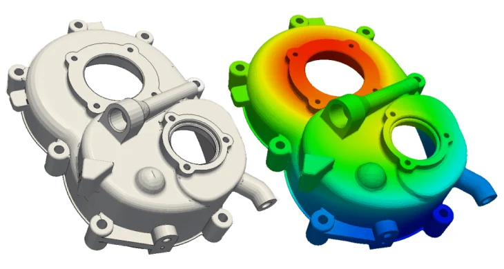 Thermal conduction simulation of a differential casing showing temperature distribution