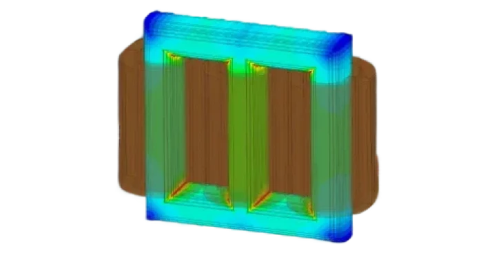 Time-harmonic electromagnetic simulation of a 3-phase transformer showing AC magnetic flux density distribution