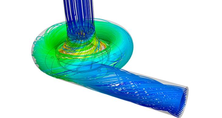 CFD simulation of turbomachinery pump impeller showing colorful flow streamlines and pressure distribution