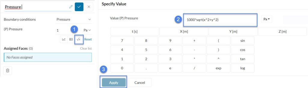 Implement expression for pressure as a function of coordinates x and y in SimScale
