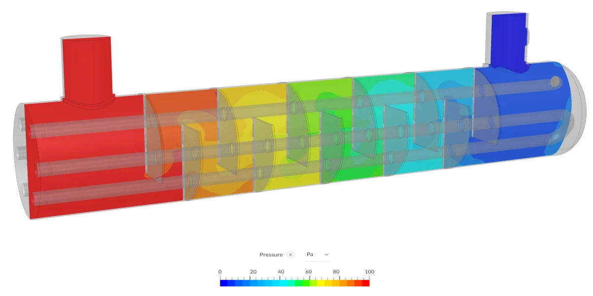 Cutaway of the steam heater internals showing the pressure drop through the system