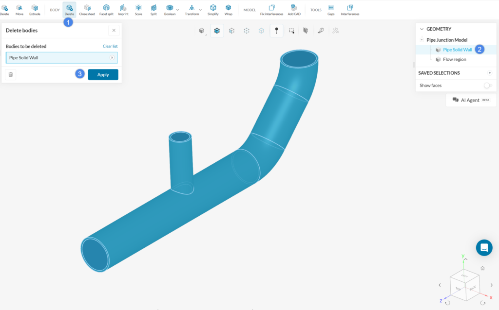 deleting solid parts in an incompressible study