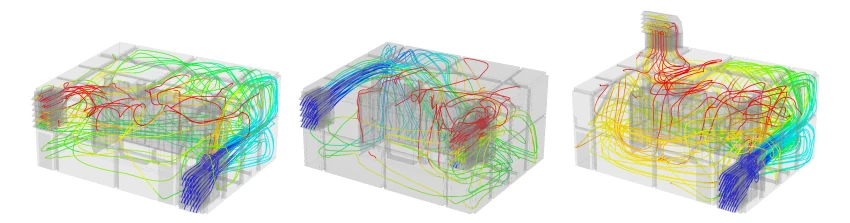 Side-by-side comparison of different cooling designs using floor, wall and roof-mounted inlets and outlets
