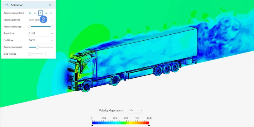 Virtual wind tunnel simulation showing velocity streamlines on a semi-truck trailer