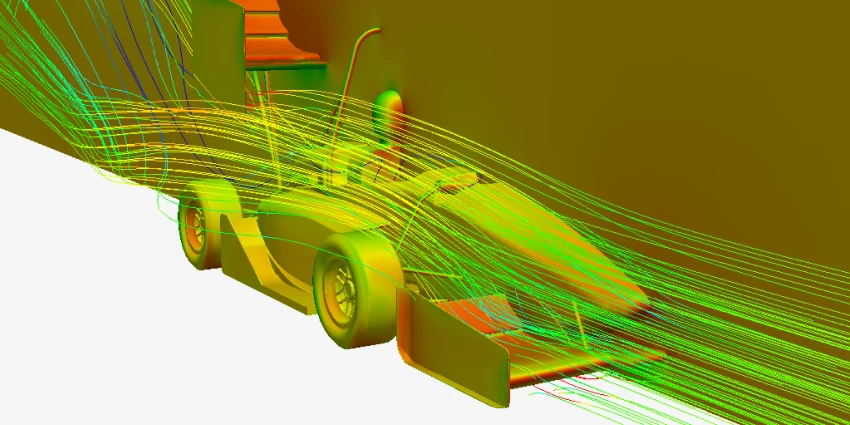 Online virtual wind tunnel simulation showing velocity streamlines around a vehicle