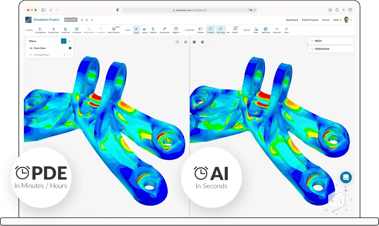 Two simulation images side by side ran using PDE and AI, respectively
