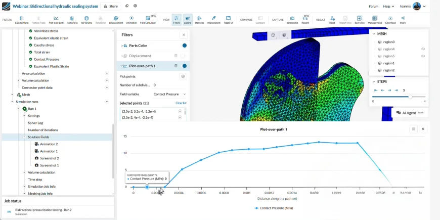 Contact pressure plot along the rod-seal contact path