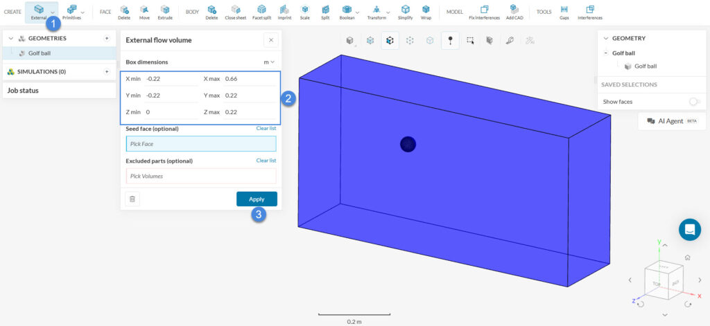the sizing and seed face for the enclosure creation around a golf ball