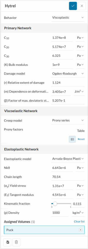 ui panel for a viscoplastic material model of a type of hytrel