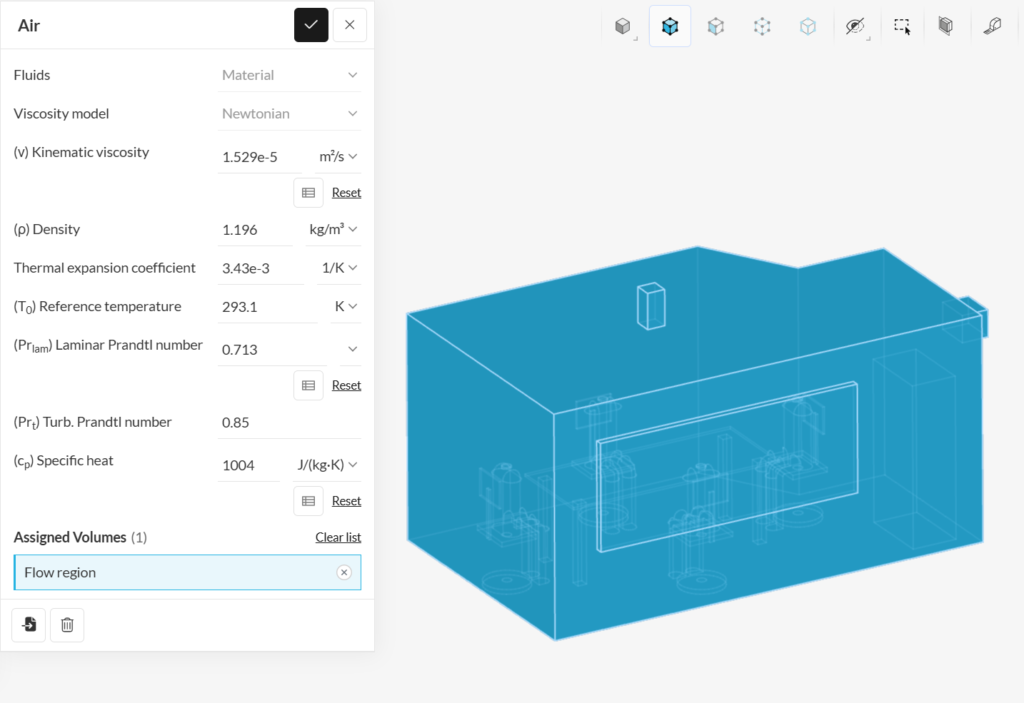choosing the material parameters for the air and flow region assignment 