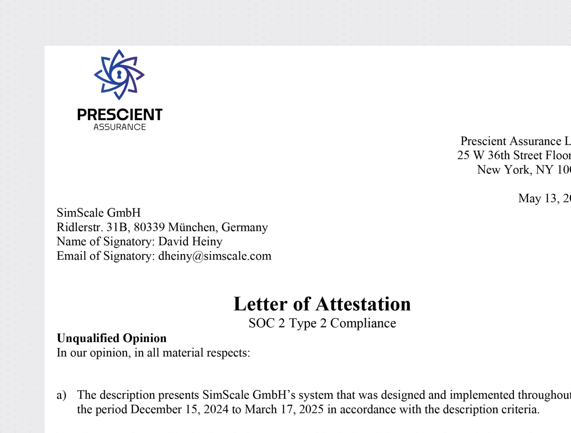 SimScale GmbH SOC 2 Type 2 Letter of Attestation