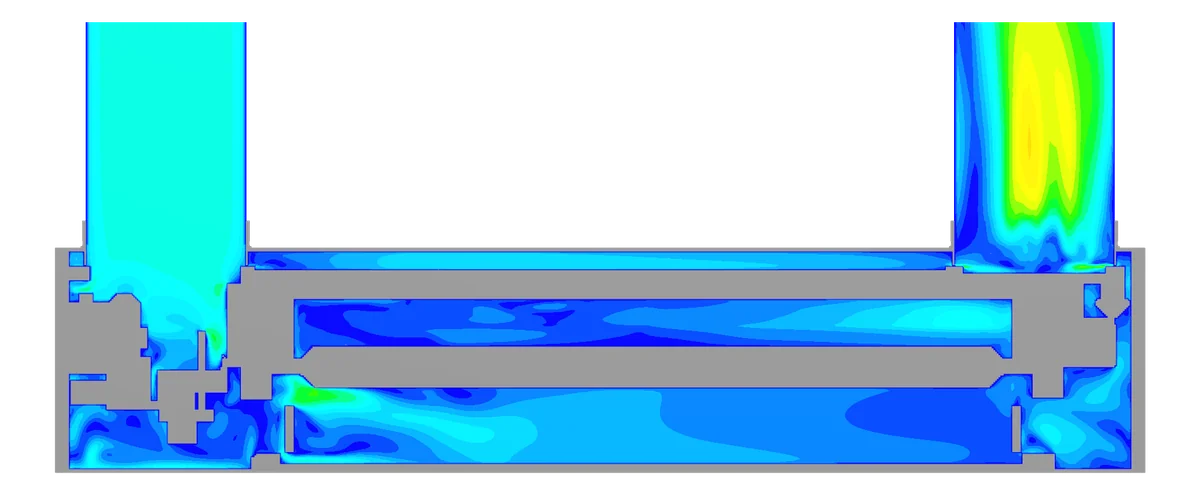 Velocity distribution inside the lamp housing, showing the blockage and disturbance caused by internal components