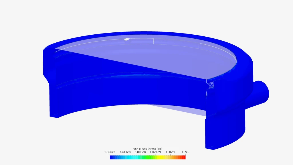 Nonlinear FEA simulation of the pressurized accumulator housing predicted material yielding in the snap-ring groove
