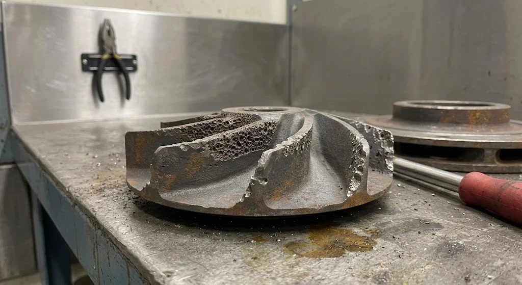 Pump impeller cavitation damage showing pitting from suction and discharge cavitation