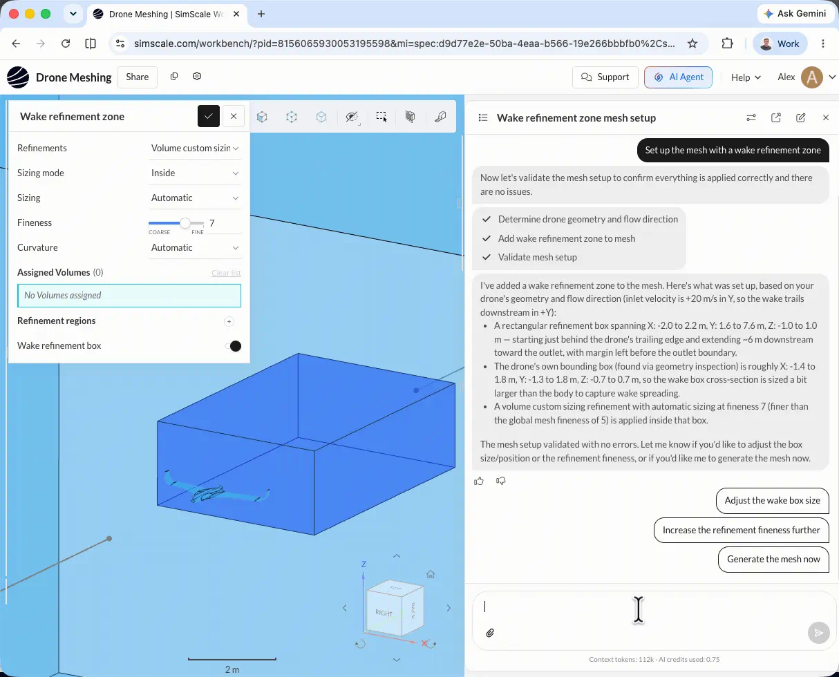 SimScale AI agent creating mesh refinement regions on a drone model