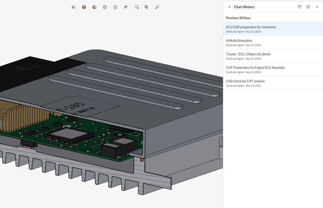 Multiple SimScale AI agents working in parallel on one ECU project