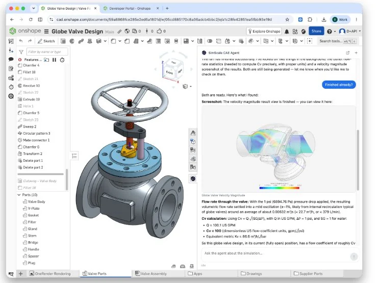 SimScale AI agent inside the Onshape CAD environment on a globe valve