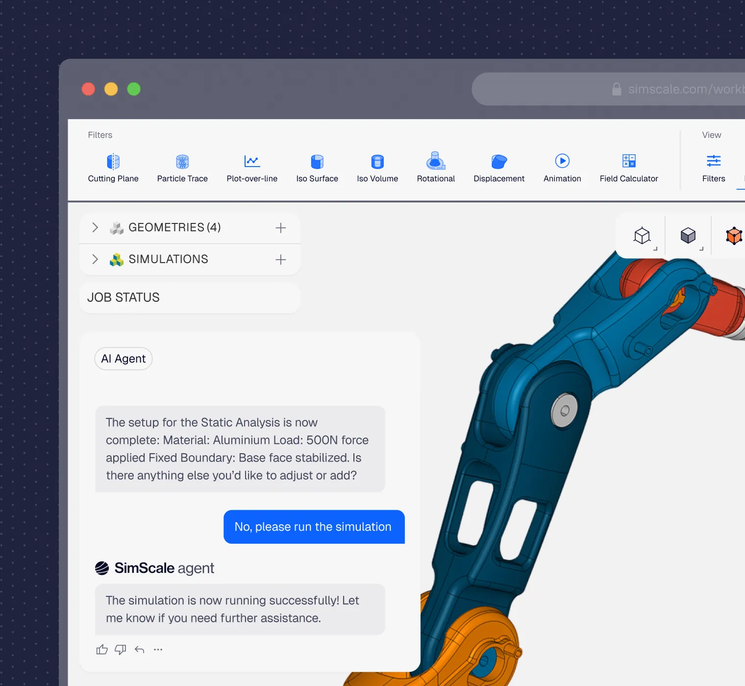 SimScale AI agent running a static analysis on a robot arm