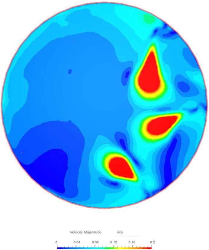 simulation of fluid mixing at the base of the tank for low capacity at height z = 9 m with one pump activated