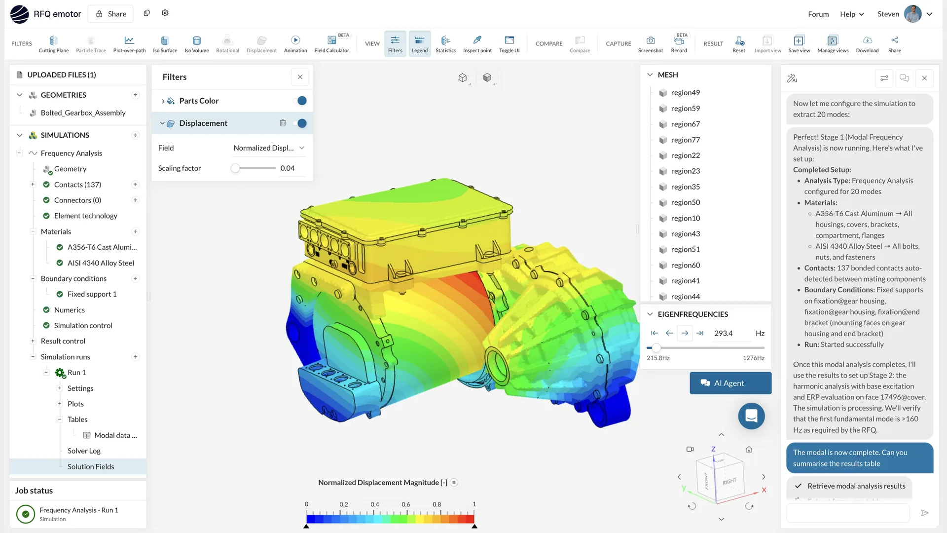 SimScale AI agent responding to an RFQ, showing a frequency analysis of a bolted gearbox assembly with normalized displacement results
