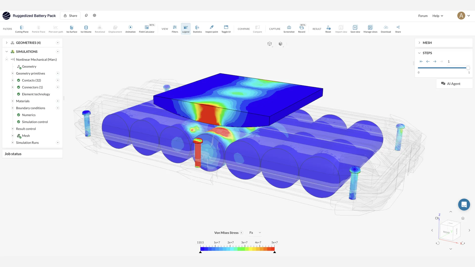 SimScale post-processing view of a ruggedized battery pack showing Von Mises stress results