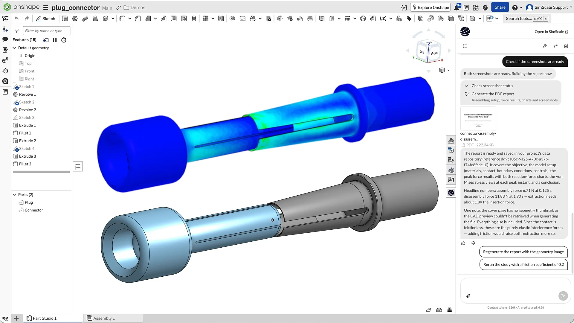 SimScale App running inside Onshape, showing a simulation setup on a CAD model