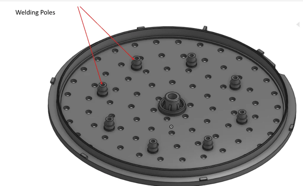 Lower half of the 8 inch shower head with location of ultrasonic welding poles.
