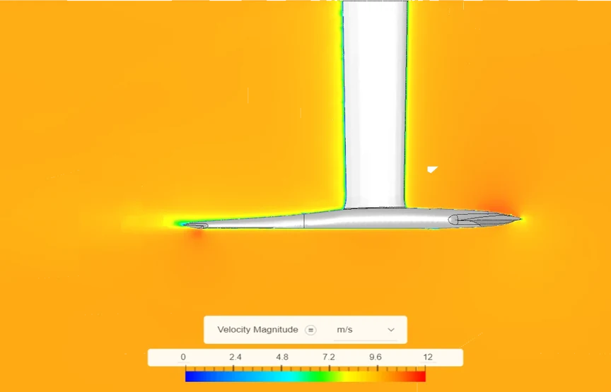 CFD simulation of flow (right to left) around the new hydrofoil design