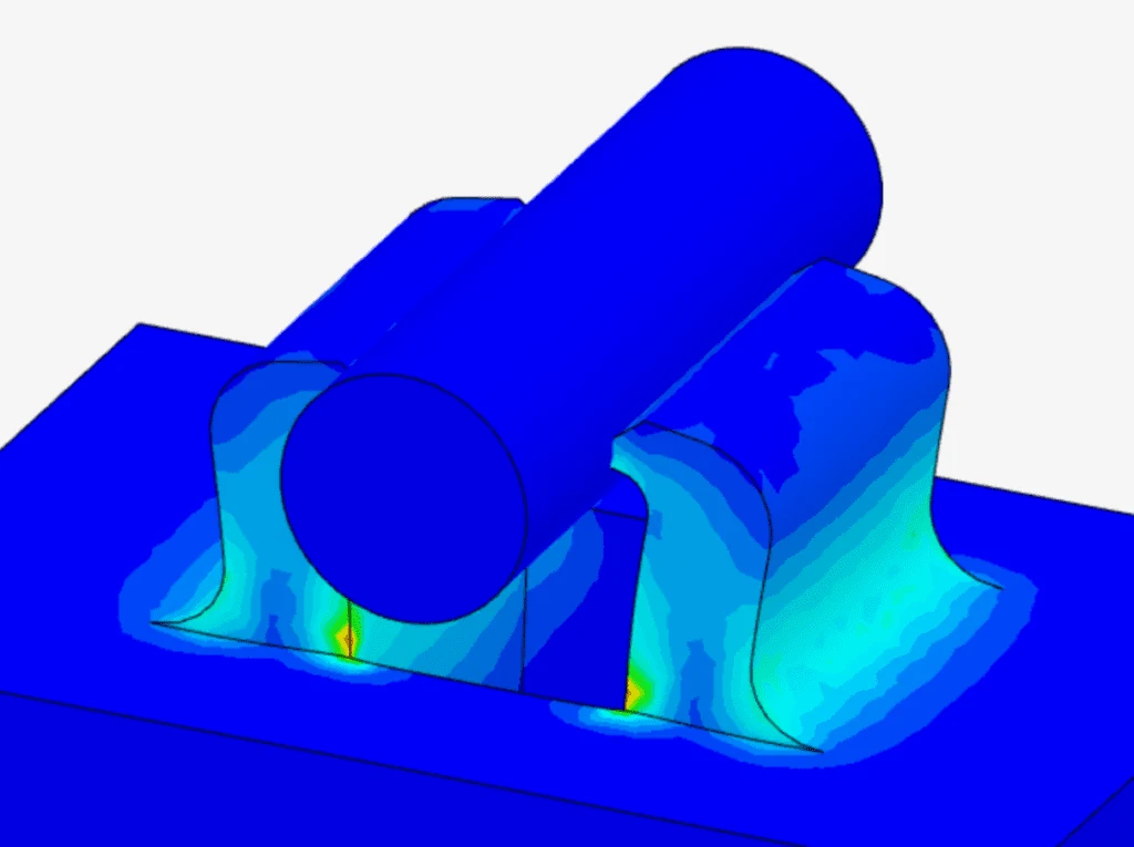 Detail of the Easee Charger case snap fit closure structural simulation - von Mises stress contours shown
