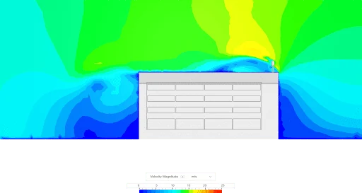 Drag turbine mounted on a building. CFD is used to evaluate its aerodynamic performance including lift, power output and structural vibration.