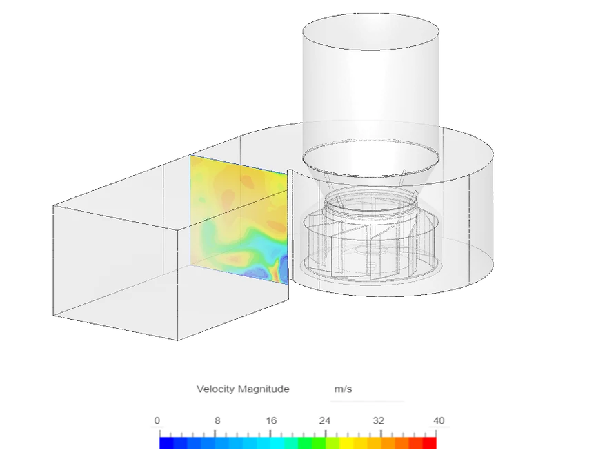 Centrifugal fan outlet velocity of design with fins imported from Centrix software.