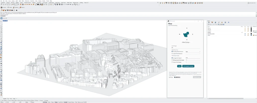 User interface for the new Wind Flow app.A dialog box to set up wind conditions and select climate data is shown.