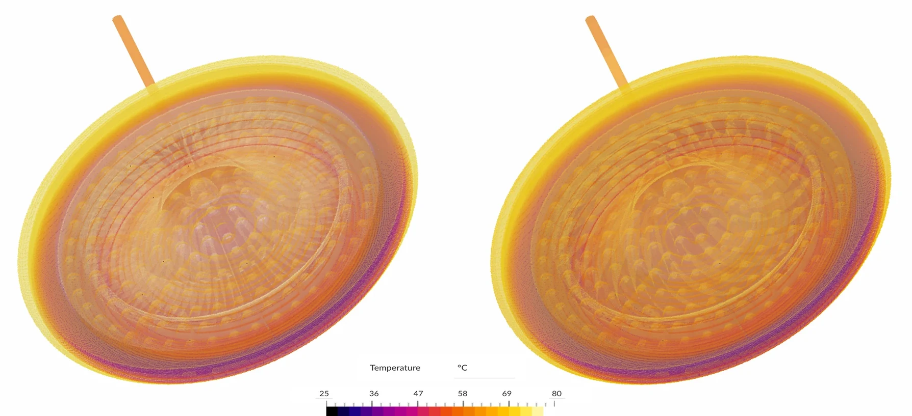 Temperature visualization of the straight heat sink design (left) and marginal improvement with the spiral heat sink (right).