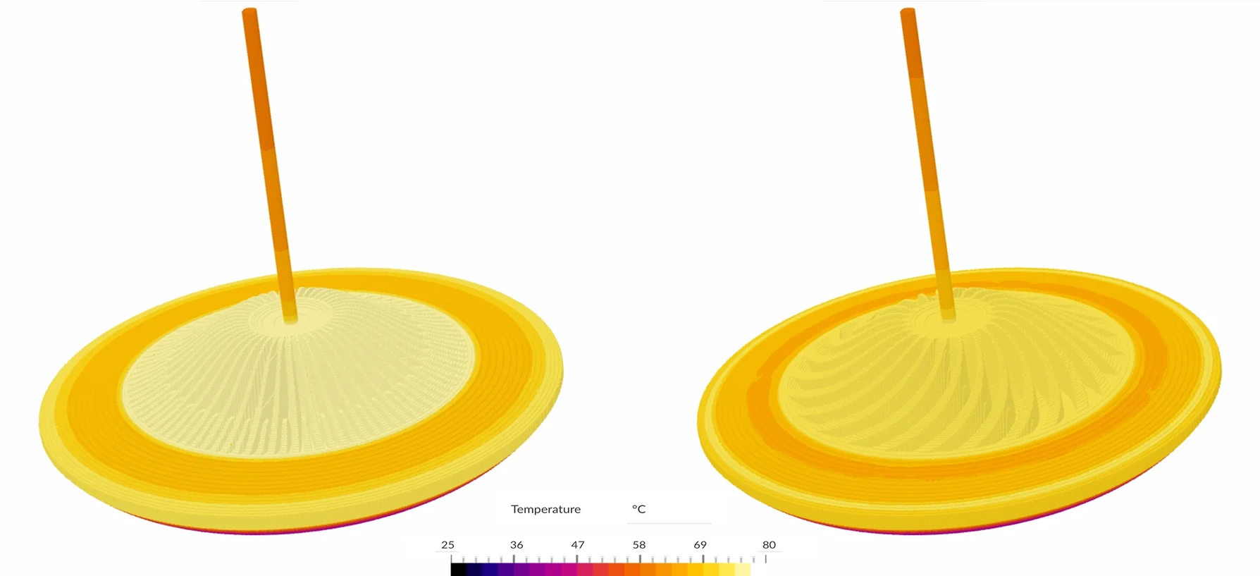 Straight heat sink (left) and spiral heat sink design (right)