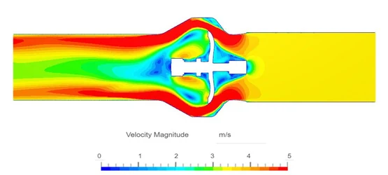 velocity magnitude across the vfd check valve displayed on a slice through the valve